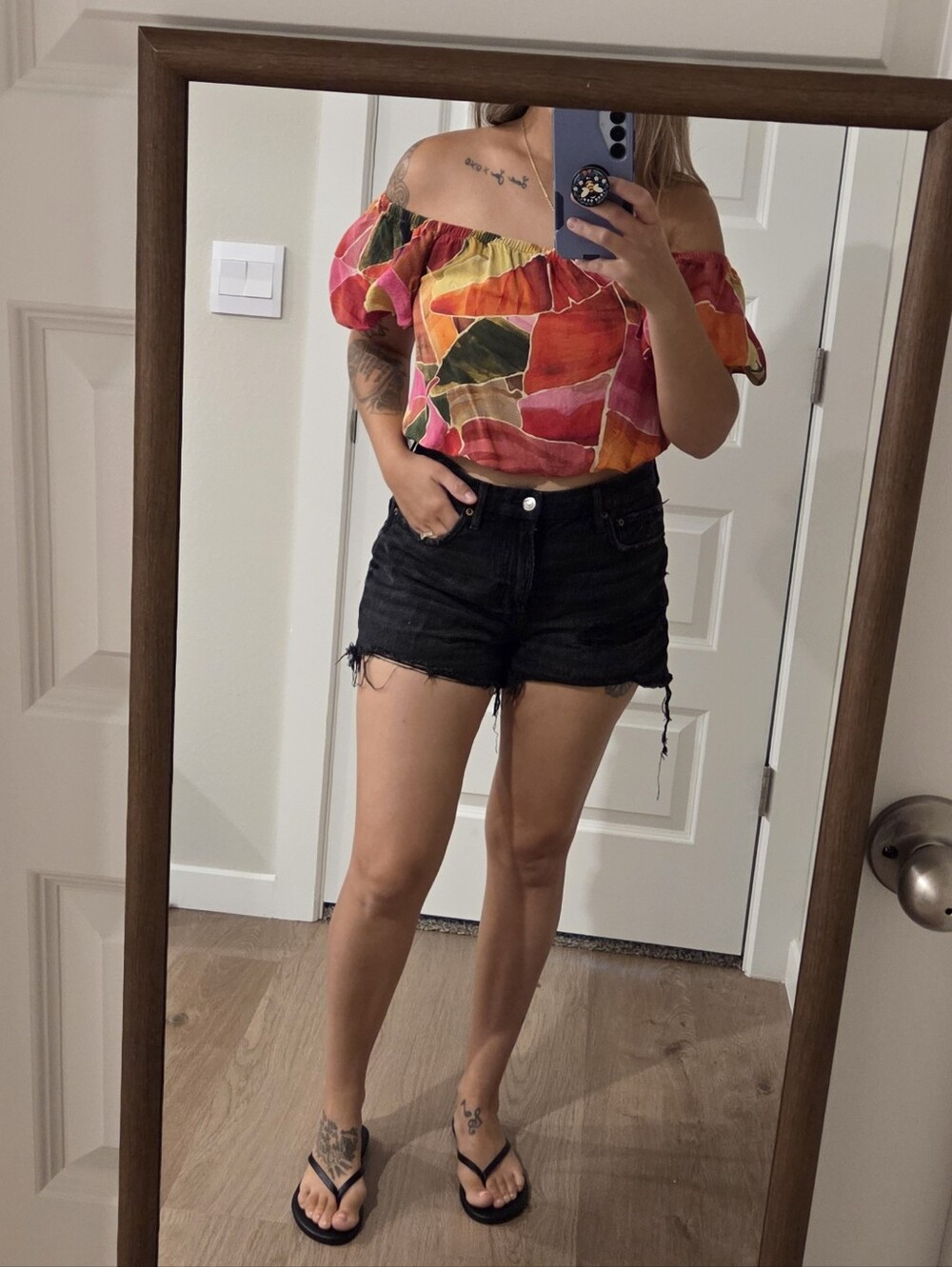 FARM Off-the-Shoulder Multicolor Floral Print Top